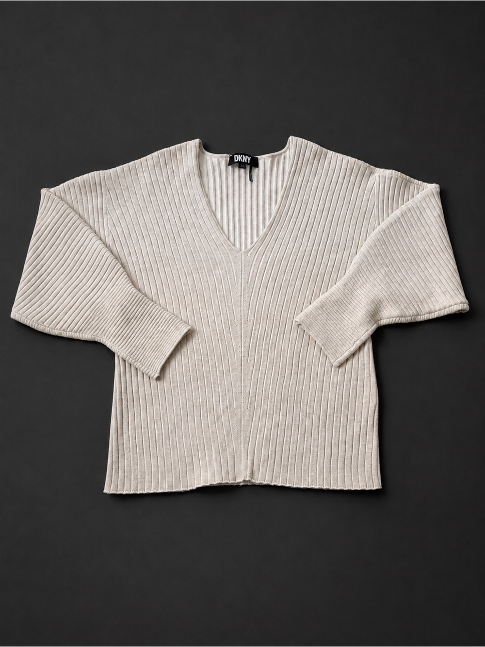 DKNY women’s Ribbed V-Neck Sweater in Light Beige